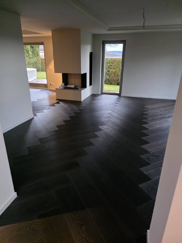 Wohnbereich mit Kamin und dunklem Boden